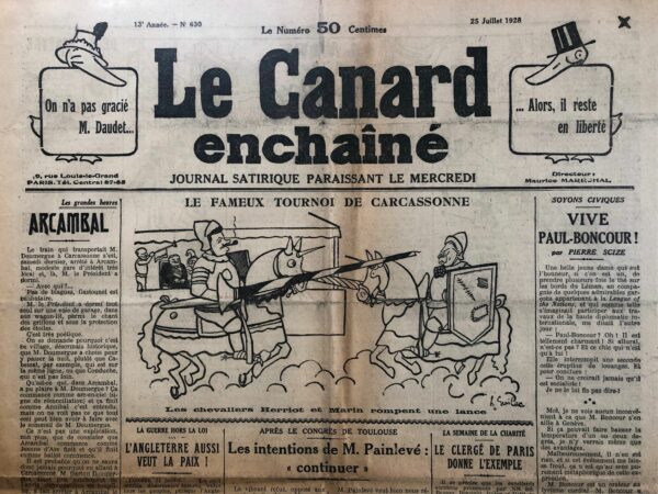 Couac ! | N° 630 du Canard Enchaîné - 25 Juillet 1928 | Nos Exemplaires du Canard Enchaîné sont archivés dans de bonnes conditions de conservation (obscurité, hygrométrie maitrisée et faible température), ce qui s'avère indispensable pour des journaux anciens. | 630