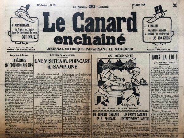 Couac ! | N° 631 du Canard Enchaîné - 1 Août 1928 | Nos Exemplaires du Canard Enchaîné sont archivés dans de bonnes conditions de conservation (obscurité, hygrométrie maitrisée et faible température), ce qui s'avère indispensable pour des journaux anciens. | 631