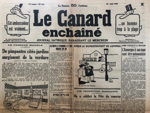 Couac ! | N° 634 du Canard Enchaîné - 22 Août 1928 | Nos Exemplaires du Canard Enchaîné sont archivés dans de bonnes conditions de conservation (obscurité, hygrométrie maitrisée et faible température), ce qui s'avère indispensable pour des journaux anciens. | 634