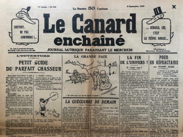 Couac ! | N° 636 du Canard Enchaîné - 5 Septembre 1928 | Nos Exemplaires du Canard Enchaîné sont archivés dans de bonnes conditions de conservation (obscurité, hygrométrie maitrisée et faible température), ce qui s'avère indispensable pour des journaux anciens. | 636