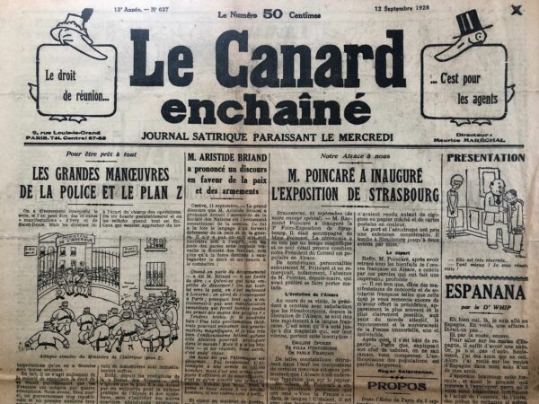 Couac ! | N° 637 du Canard Enchaîné - 12 Septembre 1928 | Nos Exemplaires du Canard Enchaîné sont archivés dans de bonnes conditions de conservation (obscurité, hygrométrie maitrisée et faible température), ce qui s'avère indispensable pour des journaux anciens. | 637 1