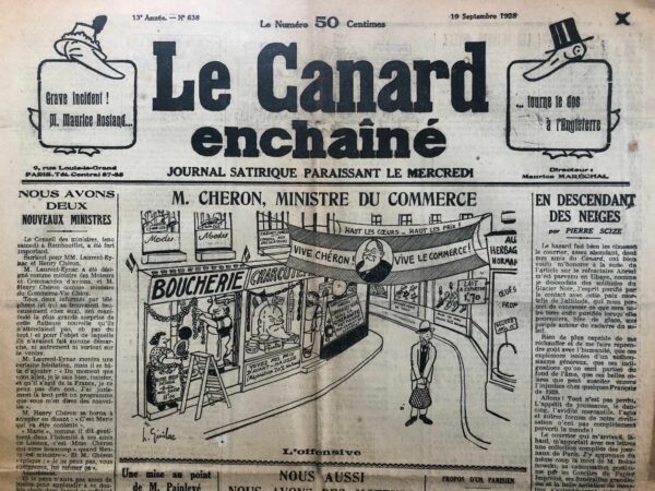 Couac ! | N° 638 du Canard Enchaîné - 19 Septembre 1928 | Nos Exemplaires du Canard Enchaîné sont archivés dans de bonnes conditions de conservation (obscurité, hygrométrie maitrisée et faible température), ce qui s'avère indispensable pour des journaux anciens. | 638 2