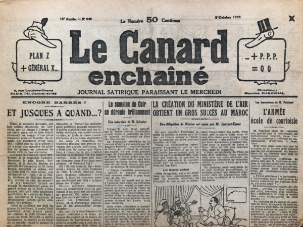 Couac ! | N° 640 du Canard Enchaîné - 3 Octobre 1928 | Nos Exemplaires du Canard Enchaîné sont archivés dans de bonnes conditions de conservation (obscurité, hygrométrie maitrisée et faible température), ce qui s'avère indispensable pour des journaux anciens. | 640 1