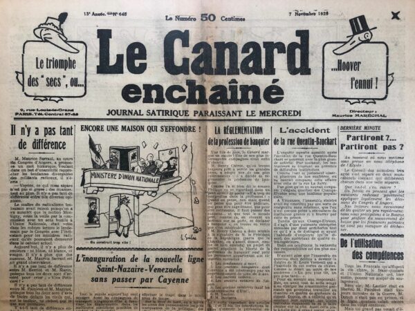 Couac ! | N° 645 du Canard Enchaîné - 7 Novembre 1928 | Nos Exemplaires du Canard Enchaîné sont archivés dans de bonnes conditions de conservation (obscurité, hygrométrie maitrisée et faible température), ce qui s'avère indispensable pour des journaux anciens. | 645