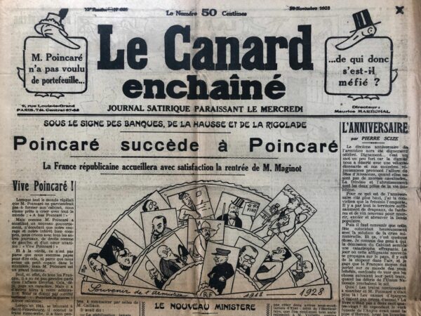 Couac ! | N° 646 du Canard Enchaîné - 14 Novembre 1928 | Première grande révélation dans l'histoire du Canard Enchaîné: l'affaire Hanau...* En novembre 1928, Le Canard enchaîné rapporta et commenta longuement cette affaire, alimentant la méfiance instinctive envers les pouvoirs politiques et économique, et leur malsaine complicité. Il fit paraître de fausses interviews des personnalités concernées, des pastiches de la presse (La Gazette du franc devenant la Galette du franc dans ses colonnes), des contes ayant pour thème les liaisons dangereuses, des comptes-rendus de livres sur les affaires (pour l'affaire Oustric également), sans oublier de nombreux dessins, et même un jeu de l'oie, le jeu de Lois, du Canard et du Financier, présent en dernière page du dernier numéro de 1930. source Wikipedia * se rapporter au numéro du 5 décembre 1928     | 646 2