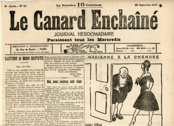 Couac ! | N° 65 du Canard Enchaîné - 26 Septembre 1917 | Nos Exemplaires du Canard Enchaîné sont archivés dans de bonnes conditions de conservation (obscurité, hygrométrie maitrisée et faible température), ce qui s'avère indispensable pour des journaux anciens. | 65 4