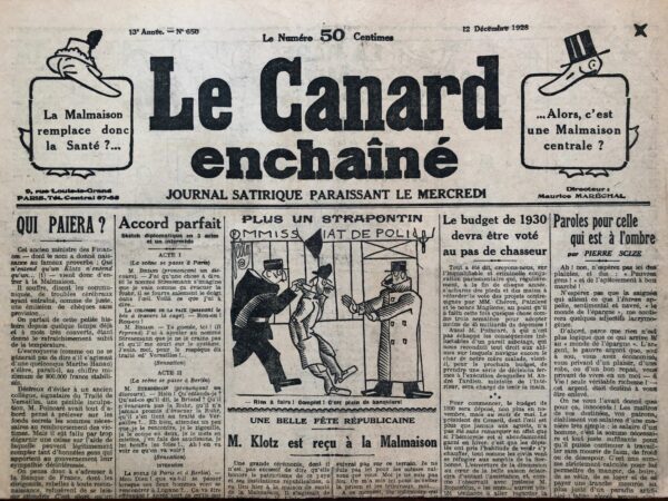 Couac ! | N° 650 du Canard Enchaîné - 12 Décembre 1928 | Paroles pour celle qui est à l'ombre, par Pierre Scize - Il s'agit de Marthe Hanau et surtout de ses victimes: les "petits épargnants", que Scize n'épargne pas pour un sou au travers de son article. Des sots, des gogos, des envieux, des paresseux,... | 650