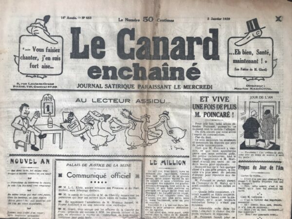 Couac ! | N° 653 du Canard Enchaîné - 2 Janvier 1929 | Nos Exemplaires du Canard Enchaîné sont archivés dans de bonnes conditions de conservation (obscurité, hygrométrie maitrisée et faible température), ce qui s'avère indispensable pour des journaux anciens. | 653