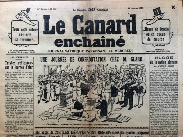 Couac ! | N° 655 du Canard Enchaîné - 16 Janvier 1929 | Nos Exemplaires du Canard Enchaîné sont archivés dans de bonnes conditions de conservation (obscurité, hygrométrie maitrisée et faible température), ce qui s'avère indispensable pour des journaux anciens. | 655