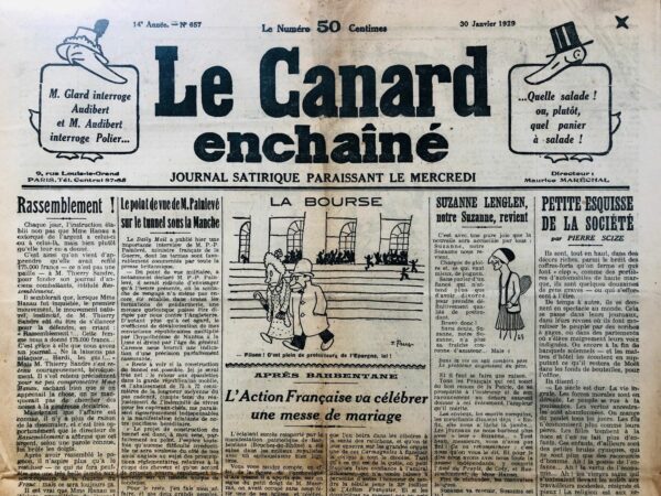 Couac ! | N° 657 du Canard Enchaîné - 30 Janvier 1929 | Nos Exemplaires du Canard Enchaîné sont archivés dans de bonnes conditions de conservation (obscurité, hygrométrie maitrisée et faible température), ce qui s'avère indispensable pour des journaux anciens. | 657 rotated