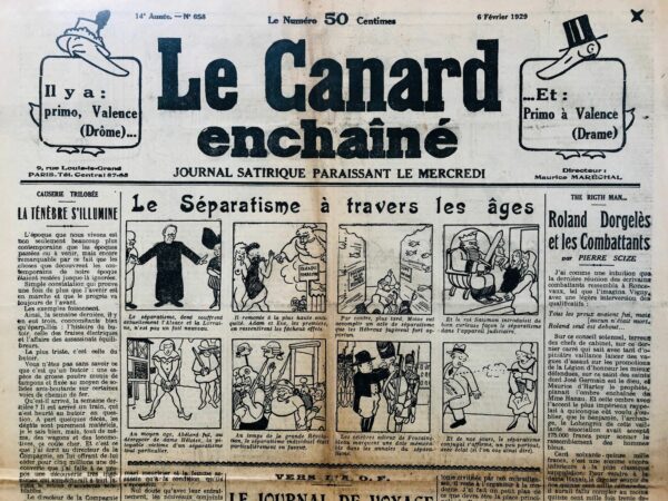 Couac ! | N° 658 du Canard Enchaîné - 6 Février 1929 | Nos Exemplaires du Canard Enchaîné sont archivés dans de bonnes conditions de conservation (obscurité, hygrométrie maitrisée et faible température), ce qui s'avère indispensable pour des journaux anciens. | 658 rotated