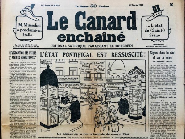 Couac ! | N° 659 du Canard Enchaîné - 13 Février 1929 | Nos Exemplaires du Canard Enchaîné sont archivés dans de bonnes conditions de conservation (obscurité, hygrométrie maitrisée et faible température), ce qui s'avère indispensable pour des journaux anciens. | 659 rotated