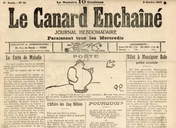 Couac ! | N° 66 du Canard Enchaîné - 3 Octobre 1917 | Nos Exemplaires du Canard Enchaîné sont archivés dans de bonnes conditions de conservation (obscurité, hygrométrie maitrisée et faible température), ce qui s'avère indispensable pour des journaux anciens. | 66 4