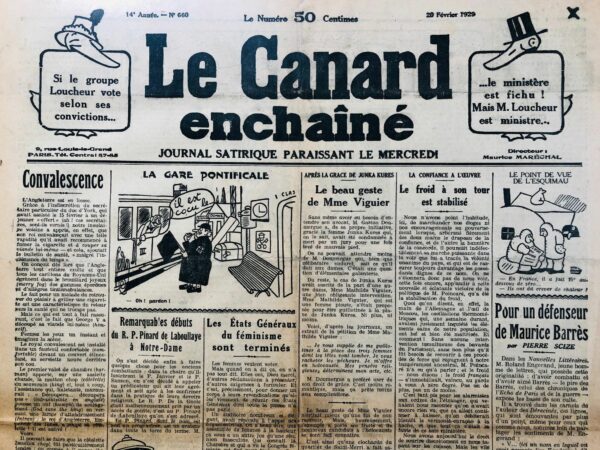 Couac ! | N° 660 du Canard Enchaîné - 20 Février 1929 | Nos Exemplaires du Canard Enchaîné sont archivés dans de bonnes conditions de conservation (obscurité, hygrométrie maitrisée et faible température), ce qui s'avère indispensable pour des journaux anciens. | 660 rotated