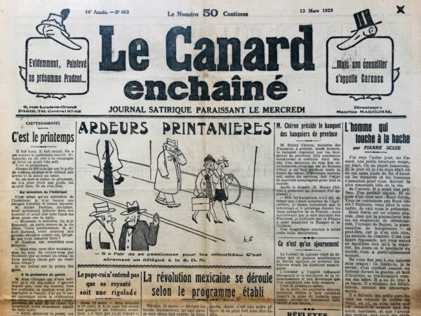 Couac ! | N° 663 du Canard Enchaîné - 13 Mars 1929 | Nos Exemplaires du Canard Enchaîné sont archivés dans de bonnes conditions de conservation (obscurité, hygrométrie maitrisée et faible température), ce qui s'avère indispensable pour des journaux anciens. | 663 1 rotated