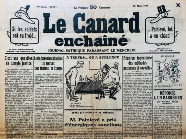 Couac ! | N° 664 du Canard Enchaîné - 20 Mars 1929 | Nos Exemplaires du Canard Enchaîné sont archivés dans de bonnes conditions de conservation (obscurité, hygrométrie maitrisée et faible température), ce qui s'avère indispensable pour des journaux anciens. | 664 rotated