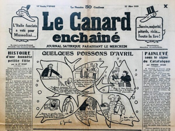 Couac ! | N° 665 du Canard Enchaîné - 27 Mars 1929 | Nos Exemplaires du Canard Enchaîné sont archivés dans de bonnes conditions de conservation (obscurité, hygrométrie maitrisée et faible température), ce qui s'avère indispensable pour des journaux anciens. | 665 rotated