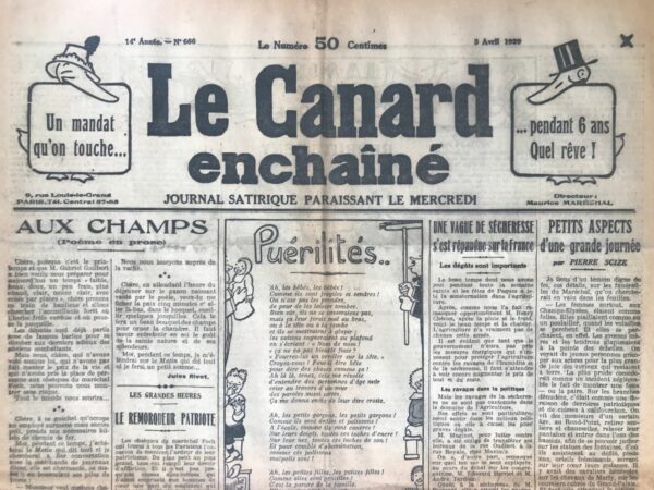 Couac ! | N° 666 du Canard Enchaîné - 3 Avril 1929 | Nos Exemplaires du Canard Enchaîné sont archivés dans de bonnes conditions de conservation (obscurité, hygrométrie maitrisée et faible température), ce qui s'avère indispensable pour des journaux anciens. | 666