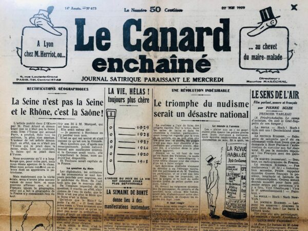 Couac ! | N° 673 du Canard Enchaîné - 22 Mai 1929 | Nos Exemplaires du Canard Enchaîné sont archivés dans de bonnes conditions de conservation (obscurité, hygrométrie maitrisée et faible température), ce qui s'avère indispensable pour des journaux anciens. | 673 rotated