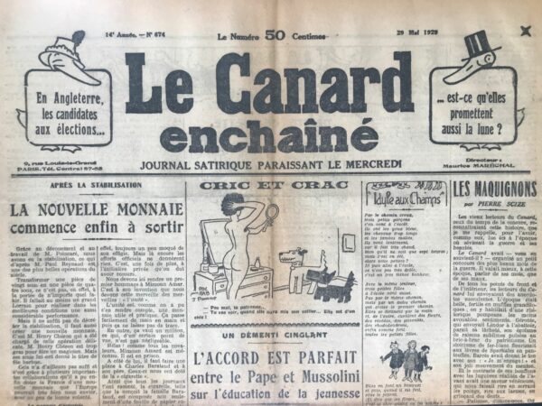 Couac ! | N° 674 du Canard Enchaîné - 29 Mai 1929 | Nos Exemplaires du Canard Enchaîné sont archivés dans de bonnes conditions de conservation (obscurité, hygrométrie maitrisée et faible température), ce qui s'avère indispensable pour des journaux anciens. | 674