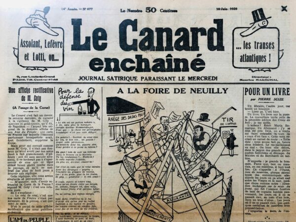 Couac ! | N° 677 du Canard Enchaîné - 19 Juin 1929 | Nos Exemplaires du Canard Enchaîné sont archivés dans de bonnes conditions de conservation (obscurité, hygrométrie maitrisée et faible température), ce qui s'avère indispensable pour des journaux anciens. | 677 2 rotated