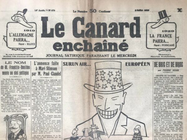 Couac ! | N° 679 du Canard Enchaîné - 3 Juillet 1929 | Nos Exemplaires du Canard Enchaîné sont archivés dans de bonnes conditions de conservation (obscurité, hygrométrie maitrisée et faible température), ce qui s'avère indispensable pour des journaux anciens. | 679