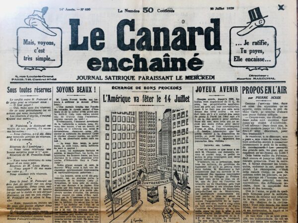 Couac ! | N° 680 du Canard Enchaîné - 10 Juillet 1929 | Nos Exemplaires du Canard Enchaîné sont archivés dans de bonnes conditions de conservation (obscurité, hygrométrie maitrisée et faible température), ce qui s'avère indispensable pour des journaux anciens. | 680 3 rotated