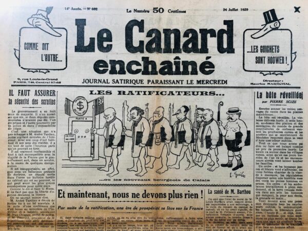 Couac ! | N° 682 du Canard Enchaîné - 24 Juillet 1929 | Nos Exemplaires du Canard Enchaîné sont archivés dans de bonnes conditions de conservation (obscurité, hygrométrie maitrisée et faible température), ce qui s'avère indispensable pour des journaux anciens. | 682 1