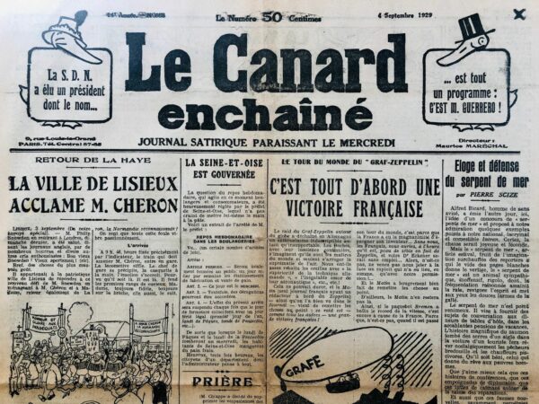 Couac ! | N° 688 du Canard Enchaîné - 4 Septembre 1929 | Nos Exemplaires du Canard Enchaîné sont archivés dans de bonnes conditions de conservation (obscurité, hygrométrie maitrisée et faible température), ce qui s'avère indispensable pour des journaux anciens. | 688 2 rotated