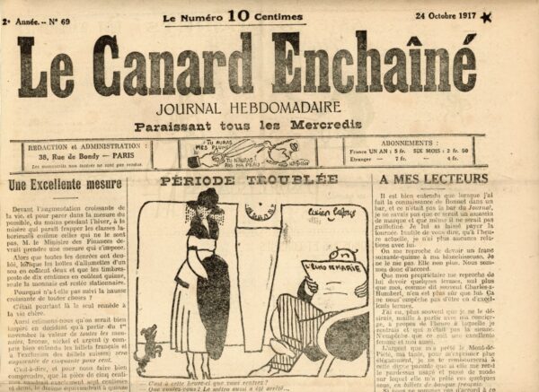 Couac ! | N° 69 du Canard Enchaîné - 24 Octobre 1917 | Nos Exemplaires du Canard Enchaîné sont archivés dans de bonnes conditions de conservation (obscurité, hygrométrie maitrisée et faible température), ce qui s'avère indispensable pour des journaux anciens. | 69 3