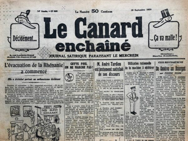 Couac ! | N° 690 du Canard Enchaîné - 18 Septembre 1929 | Nos Exemplaires du Canard Enchaîné sont archivés dans de bonnes conditions de conservation (obscurité, hygrométrie maitrisée et faible température), ce qui s'avère indispensable pour des journaux anciens. | 690