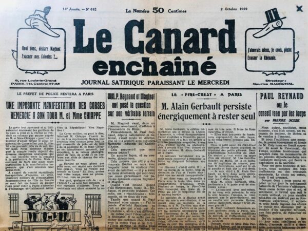 Couac ! | N° 692 du Canard Enchaîné - 2 Octobre 1929 | Nos Exemplaires du Canard Enchaîné sont archivés dans de bonnes conditions de conservation (obscurité, hygrométrie maitrisée et faible température), ce qui s'avère indispensable pour des journaux anciens. | 692