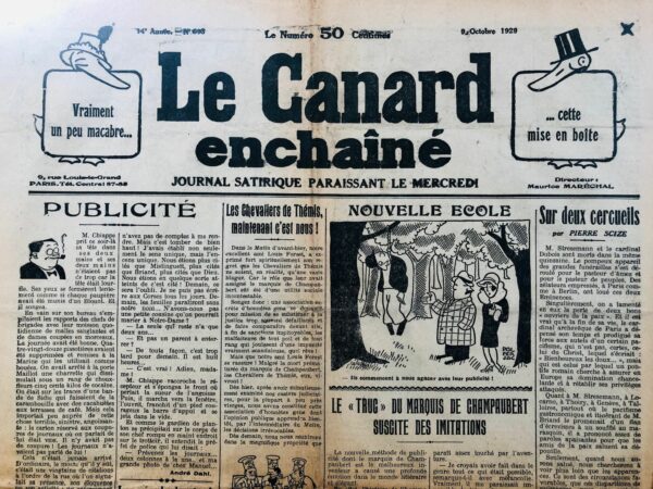 Couac ! | N° 693 du Canard Enchaîné - 9 Octobre 1929 | Nos Exemplaires du Canard Enchaîné sont archivés dans de bonnes conditions de conservation (obscurité, hygrométrie maitrisée et faible température), ce qui s'avère indispensable pour des journaux anciens. | 693 1 rotated