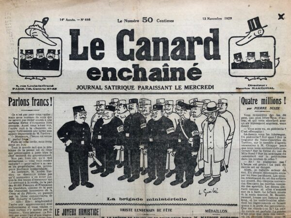 Couac ! | N° 698 du Canard Enchaîné - 13 Novembre 1929 | Nos Exemplaires du Canard Enchaîné sont archivés dans de bonnes conditions de conservation (obscurité, hygrométrie maitrisée et faible température), ce qui s'avère indispensable pour des journaux anciens. | 698