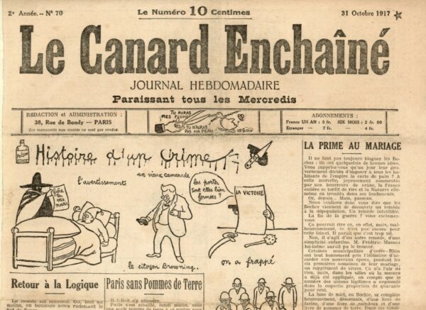 Couac ! | N° 70 du Canard Enchaîné - 31 Octobre 1917 | Nos Exemplaires du Canard Enchaîné sont archivés dans de bonnes conditions de conservation (obscurité, hygrométrie maitrisée et faible température), ce qui s'avère indispensable pour des journaux anciens. | 70 3