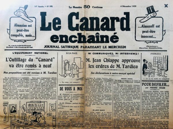 Couac ! | N° 701 du Canard Enchaîné - 4 Décembre 1929 | L'équipement national - L'Outillage du "Canard" va être remis à neuf - Nos propositions ont été remises à M. Tardieu - Des aides de l'Etat sont promises à la Presse par le gouvernement Tardieu. Le Canard n'en a cure eu égard à sa relative bonne santé financière et en profite par la plume de Jules Rivet pour tourner l'affaire en dérision. | 701 1