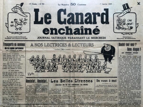 Couac ! | N° 705 du Canard Enchaîné - 1 Janvier 1930 | Nos Exemplaires du Canard Enchaîné sont archivés dans de bonnes conditions de conservation (obscurité, hygrométrie maitrisée et faible température), ce qui s'avère indispensable pour des journaux anciens. | 705 2