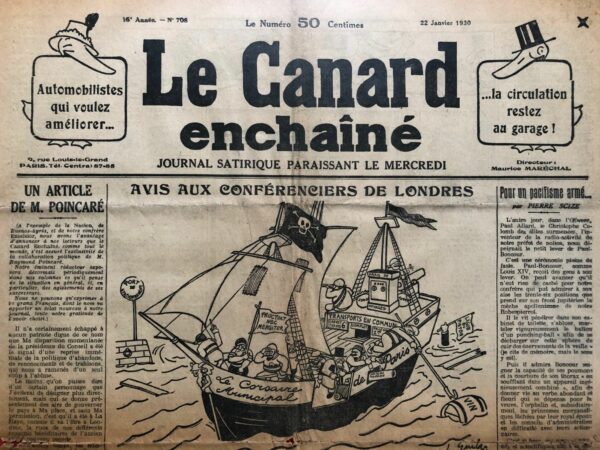 Couac ! | N° 708 du Canard Enchaîné - 22 Janvier 1930 | Nos Exemplaires du Canard Enchaîné sont archivés dans de bonnes conditions de conservation (obscurité, hygrométrie maitrisée et faible température), ce qui s'avère indispensable pour des journaux anciens. | 708