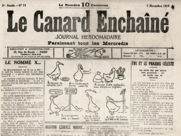 Couac ! | N° 71 du Canard Enchaîné - 7 Novembre 1917 | Nos Exemplaires du Canard Enchaîné sont archivés dans de bonnes conditions de conservation (obscurité, hygrométrie maitrisée et faible température), ce qui s'avère indispensable pour des journaux anciens. | 71 4