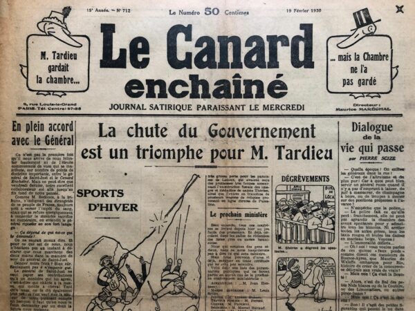 Couac ! | N° 712 du Canard Enchaîné - 19 Février 1930 | Nos Exemplaires du Canard Enchaîné sont archivés dans de bonnes conditions de conservation (obscurité, hygrométrie maitrisée et faible température), ce qui s'avère indispensable pour des journaux anciens. | 712