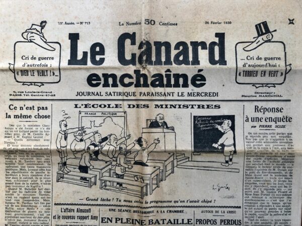 Couac ! | N° 713 du Canard Enchaîné - 26 Février 1930 | Nos Exemplaires du Canard Enchaîné sont archivés dans de bonnes conditions de conservation (obscurité, hygrométrie maitrisée et faible température), ce qui s'avère indispensable pour des journaux anciens. | 713