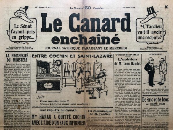 Couac ! | N° 717 du Canard Enchaîné - 26 Mars 1930 | Nos Exemplaires du Canard Enchaîné sont archivés dans de bonnes conditions de conservation (obscurité, hygrométrie maitrisée et faible température), ce qui s'avère indispensable pour des journaux anciens. | 717