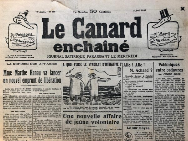 Couac ! | N° 718 du Canard Enchaîné - 2 Avril 1930 | Nos Exemplaires du Canard Enchaîné sont archivés dans de bonnes conditions de conservation (obscurité, hygrométrie maitrisée et faible température), ce qui s'avère indispensable pour des journaux anciens. | 718