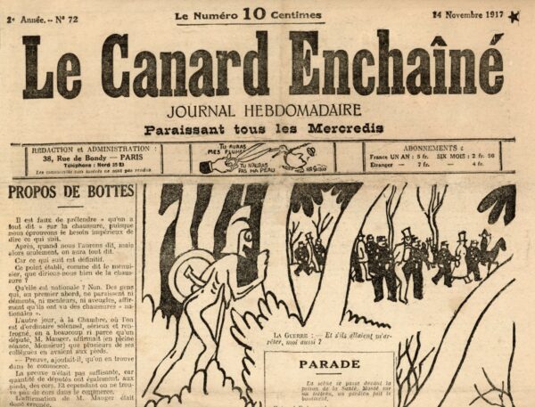 Couac ! | N° 72 du Canard Enchaîné - 14 Novembre 1917 | Nos Exemplaires du Canard Enchaîné sont archivés dans de bonnes conditions de conservation (obscurité, hygrométrie maitrisée et faible température), ce qui s'avère indispensable pour des journaux anciens. | 72 3 e1702041939137