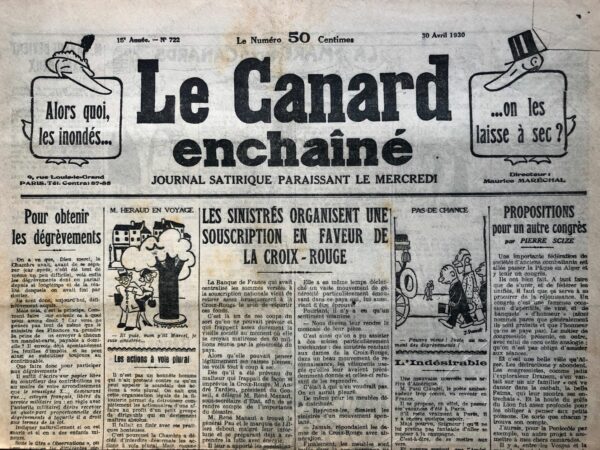 Couac ! | N° 722 du Canard Enchaîné - 30 Avril 1930 | Nos Exemplaires du Canard Enchaîné sont archivés dans de bonnes conditions de conservation (obscurité, hygrométrie maitrisée et faible température), ce qui s'avère indispensable pour des journaux anciens. | 722