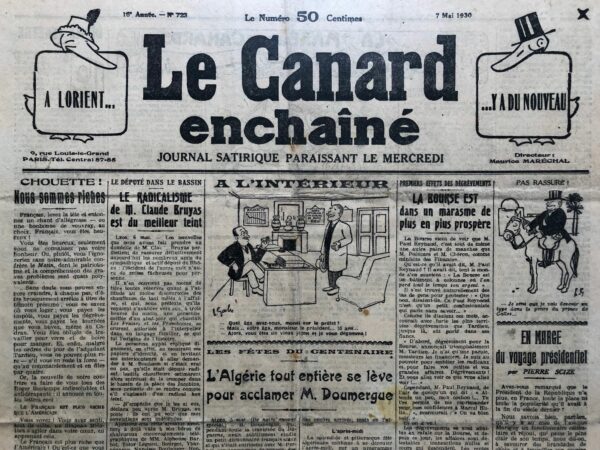 Couac ! | N° 723 du Canard Enchaîné - 7 Mai 1930 | Nos Exemplaires du Canard Enchaîné sont archivés dans de bonnes conditions de conservation (obscurité, hygrométrie maitrisée et faible température), ce qui s'avère indispensable pour des journaux anciens. | 723