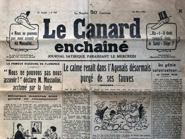 Couac ! | N° 725 du Canard Enchaîné - 21 Mai 1930 | Du génie colonisateur..., par Pierre Scize - La révolte de Yen Bay (Tonkin, Nord Vietnam), de soldats Vietnamiens au sein de l'armée coloniale française, amène Pierre Scize à dénoncer l'ordre colonial, en tissant un parallèle avec l'occupation romaine de la Gaule. Un texte fort, précurseur des futures guerres d'indépendances et décolonisations. | 725