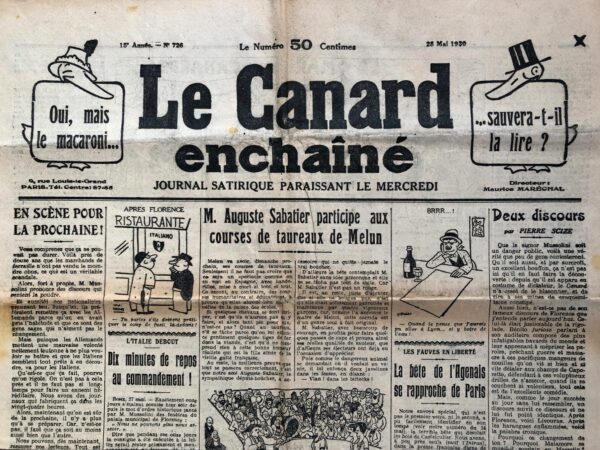 Couac ! | N° 726 du Canard Enchaîné - 28 Mai 1930 | Nos Exemplaires du Canard Enchaîné sont archivés dans de bonnes conditions de conservation (obscurité, hygrométrie maitrisée et faible température), ce qui s'avère indispensable pour des journaux anciens. | 726