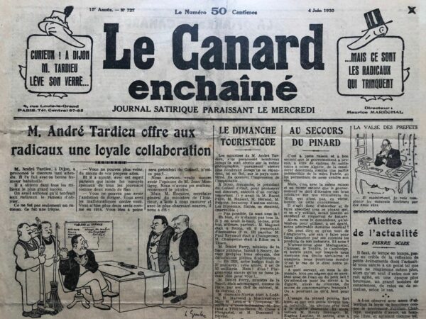 Couac ! | N° 727 du Canard Enchaîné - 4 Juin 1930 | Nos Exemplaires du Canard Enchaîné sont archivés dans de bonnes conditions de conservation (obscurité, hygrométrie maitrisée et faible température), ce qui s'avère indispensable pour des journaux anciens. | 727 1