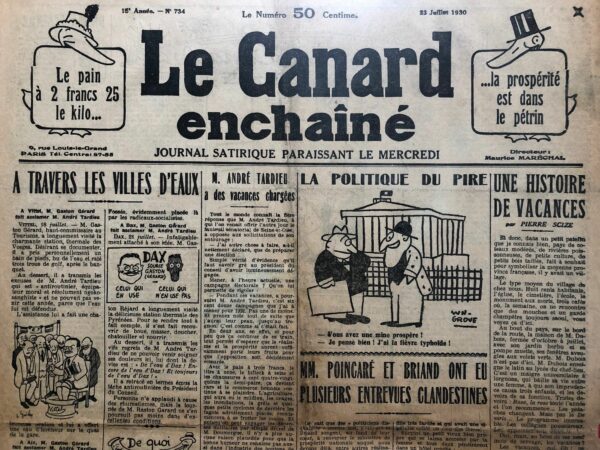 Couac ! | N° 734 du Canard Enchaîné - 23 Juillet 1930 | Nos Exemplaires du Canard Enchaîné sont archivés dans de bonnes conditions de conservation (obscurité, hygrométrie maitrisée et faible température), ce qui s'avère indispensable pour des journaux anciens. | 734 1